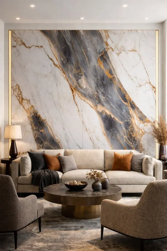 Interior dengan UV marble panel bookmatch Lignum
